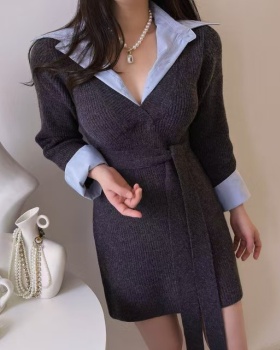 Splice retro Pseudo-two lapel autumn and winter dress