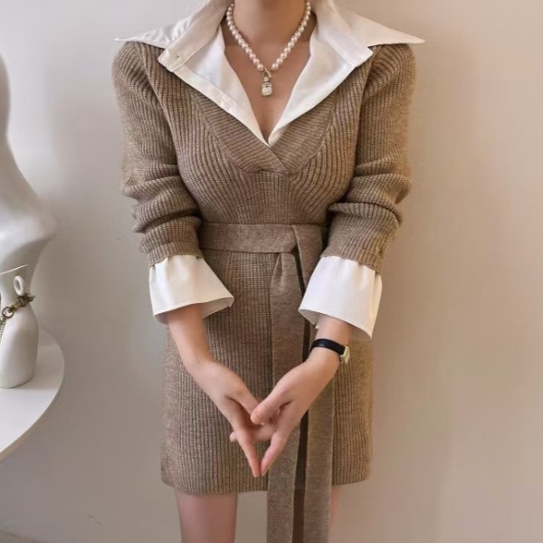 Splice retro Pseudo-two lapel autumn and winter dress