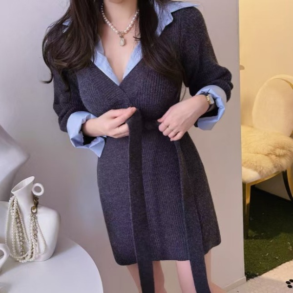 Splice retro Pseudo-two lapel autumn and winter dress