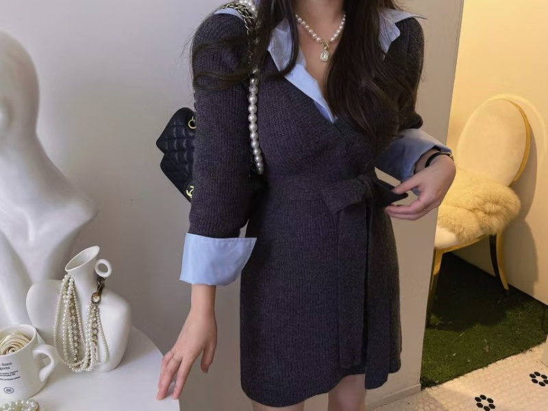 Splice retro Pseudo-two lapel autumn and winter dress