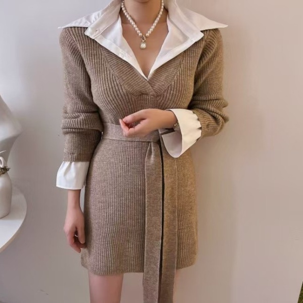 Splice retro Pseudo-two lapel autumn and winter dress