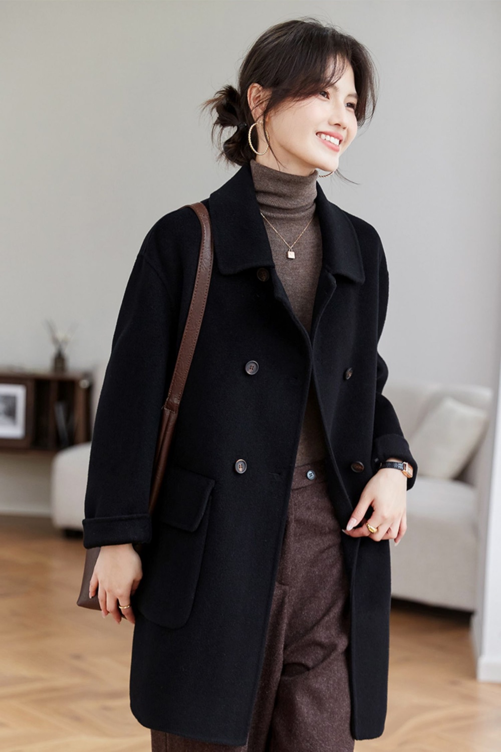 Long fashion overcoat double-breasted woolen coat