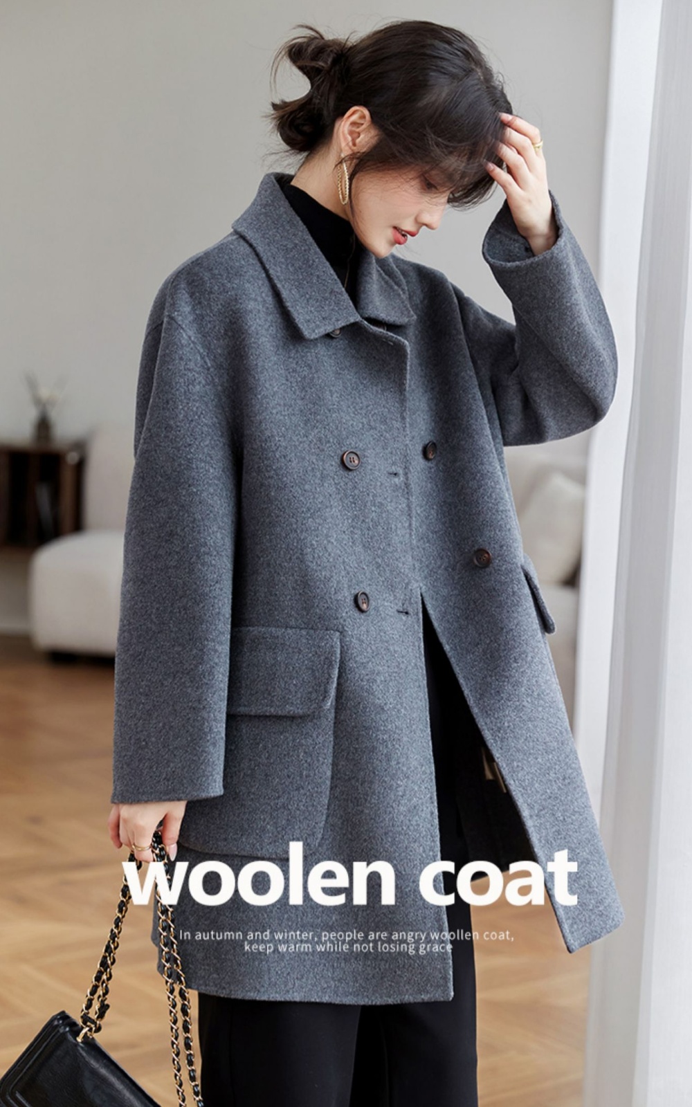 Long fashion overcoat double-breasted woolen coat