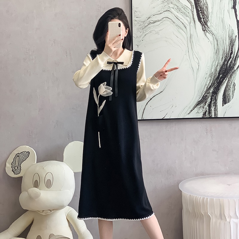 Splice Pseudo-two retro sweater knitted France style dress