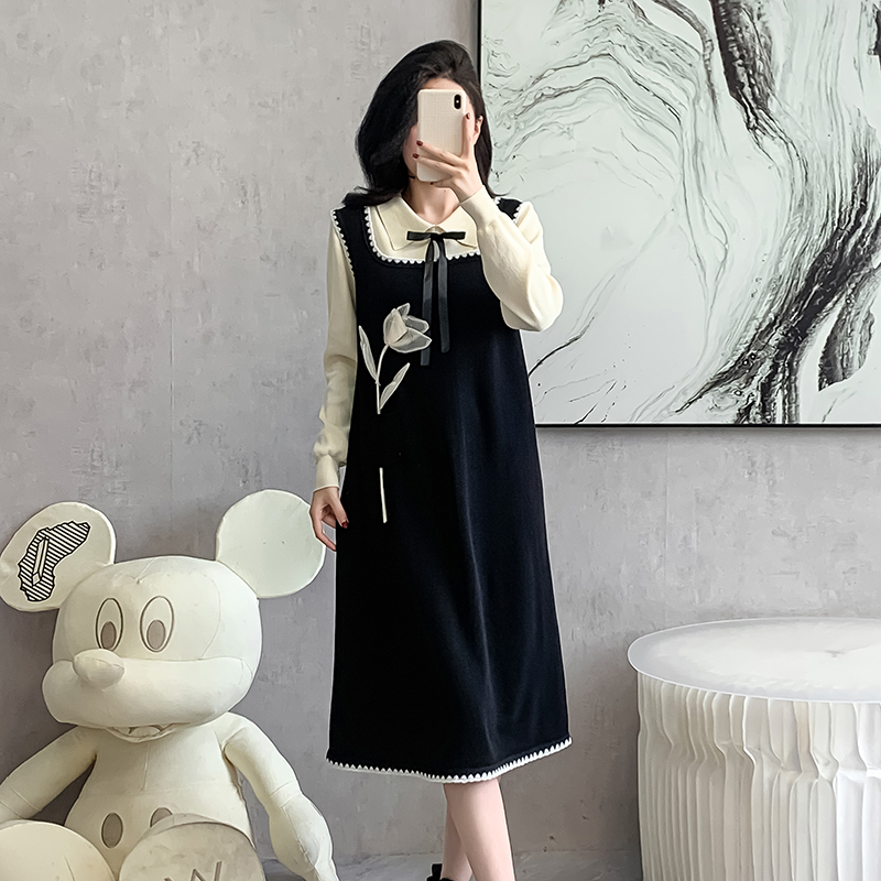 Splice Pseudo-two retro sweater knitted France style dress