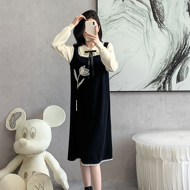 Splice Pseudo-two retro sweater knitted France style dress