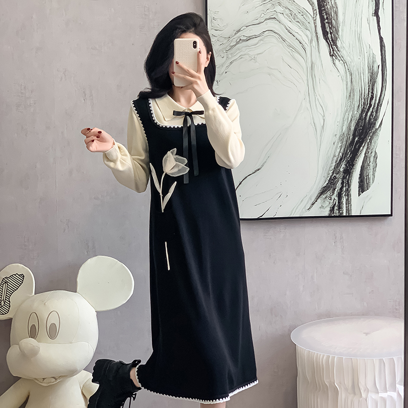 Splice Pseudo-two retro sweater knitted France style dress