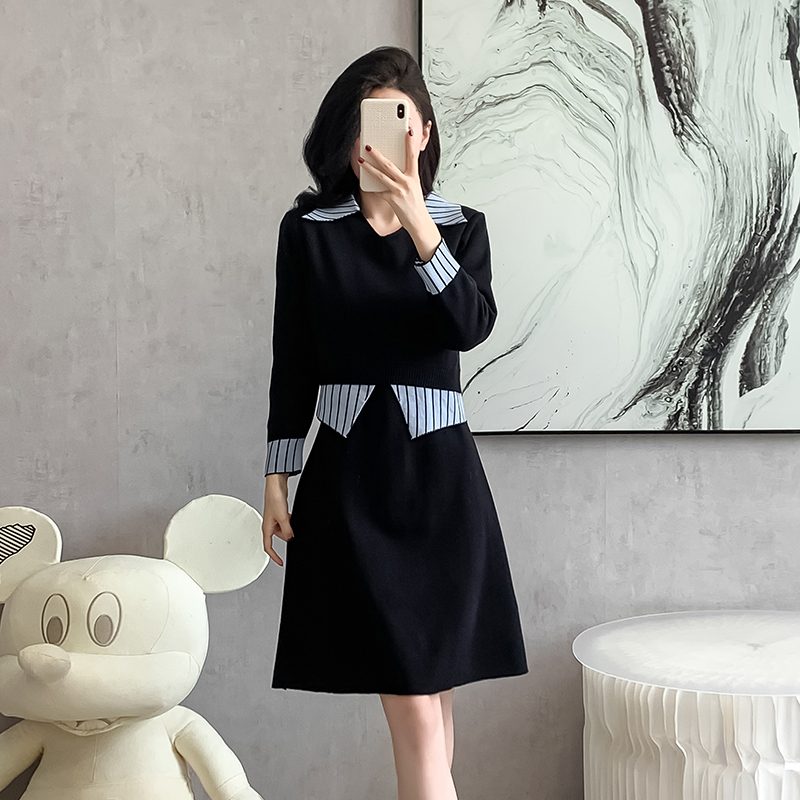 Retro shirt collar sweater knitted autumn and winter dress