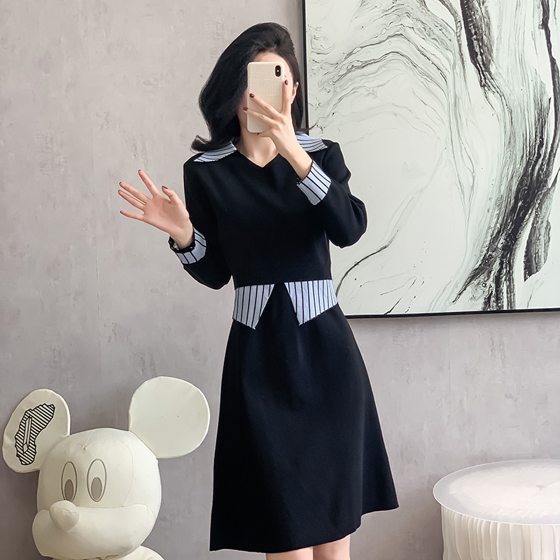 Retro shirt collar sweater knitted autumn and winter dress