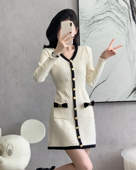 Bow knitted temperament slim autumn and winter dress