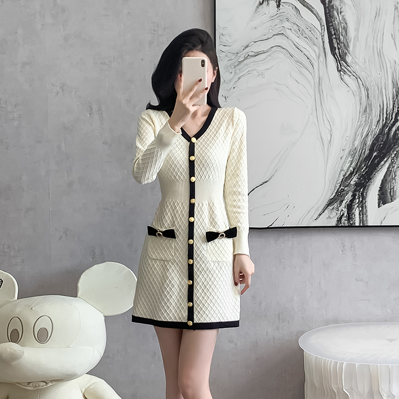 Bow knitted temperament slim autumn and winter dress