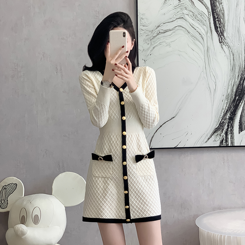 Bow knitted temperament slim autumn and winter dress