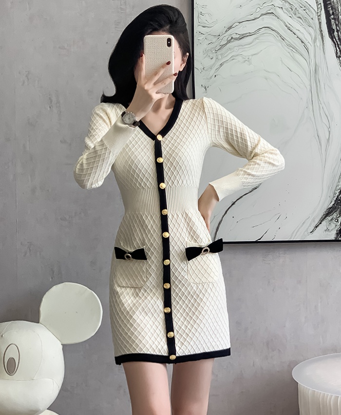 Bow knitted temperament slim autumn and winter dress