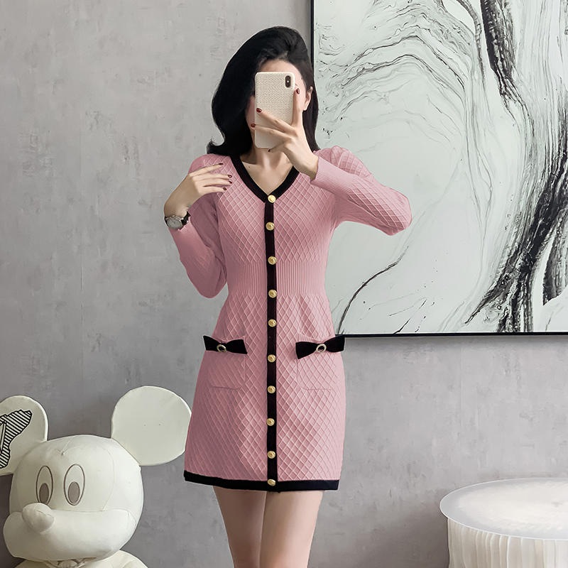 Bow knitted temperament slim autumn and winter dress