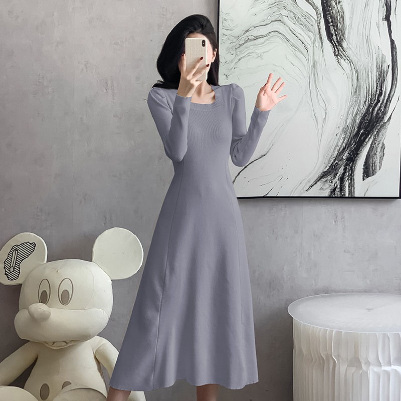 Autumn and winter square collar slim temperament long dress