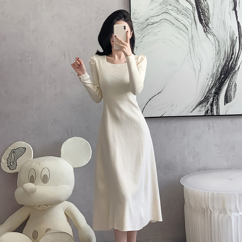 Autumn and winter square collar slim temperament long dress