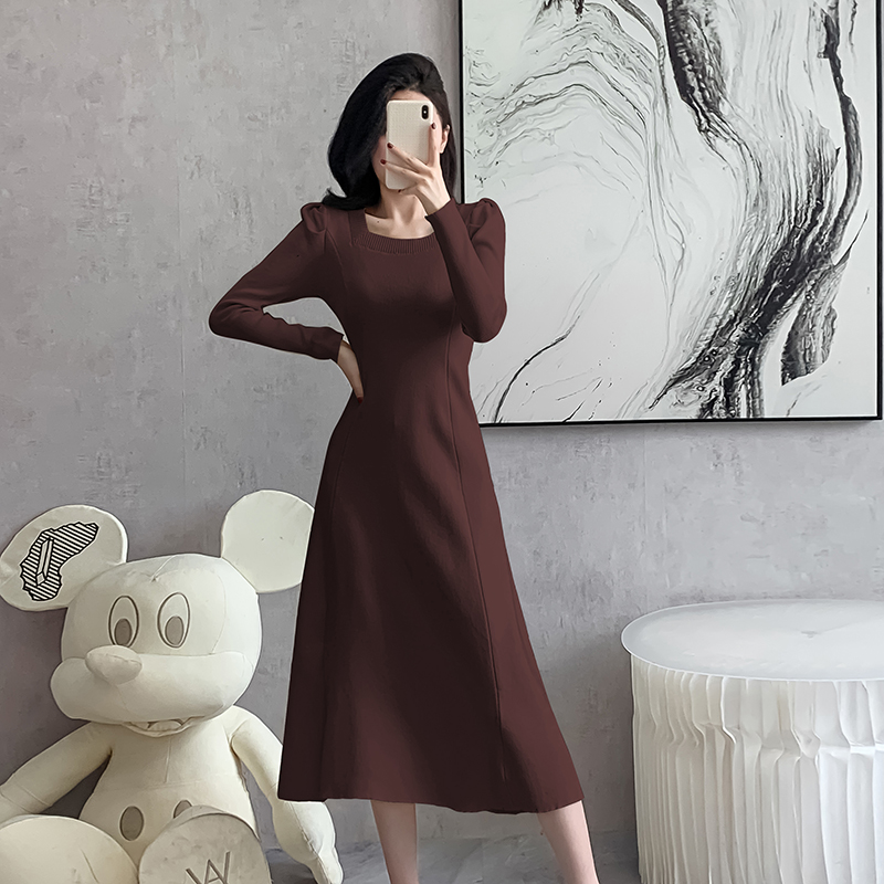 Autumn and winter square collar slim temperament long dress