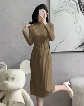 Drawstring slim dress half high collar sweater dress