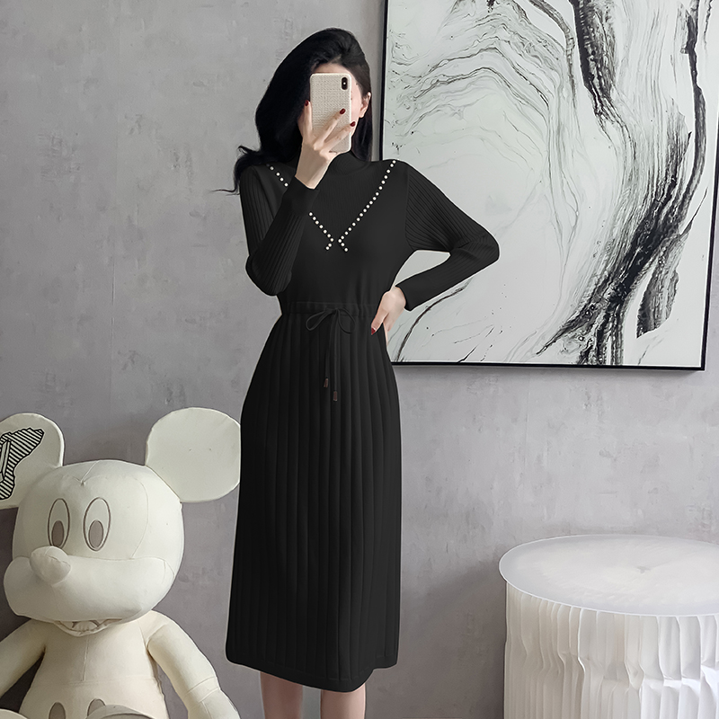 Drawstring slim dress half high collar sweater dress