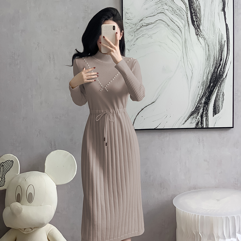 Drawstring slim dress half high collar sweater dress