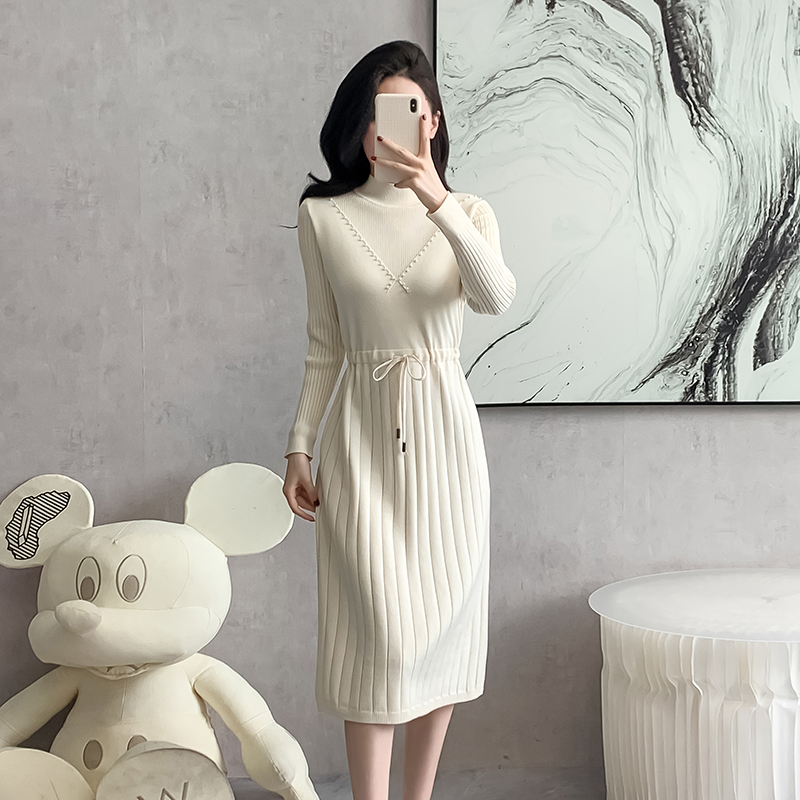 Drawstring slim dress half high collar sweater dress