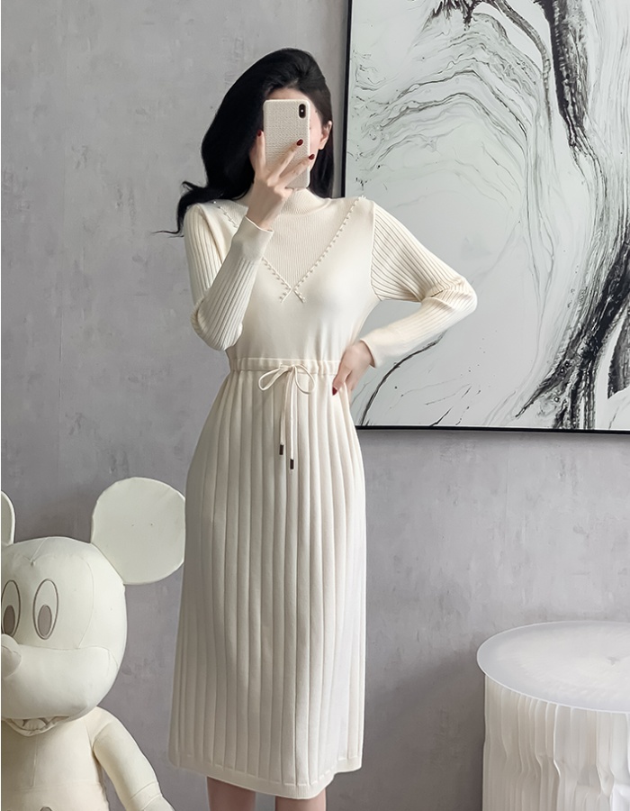 Drawstring slim dress half high collar sweater dress