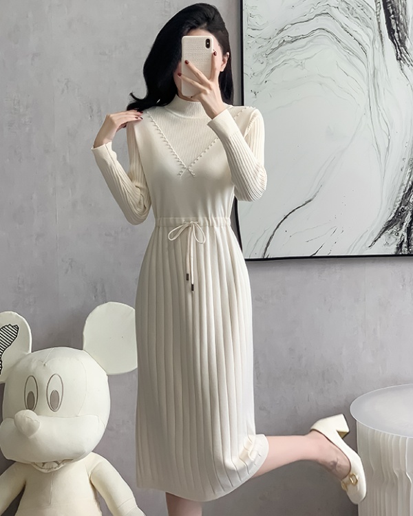 Drawstring slim dress half high collar sweater dress