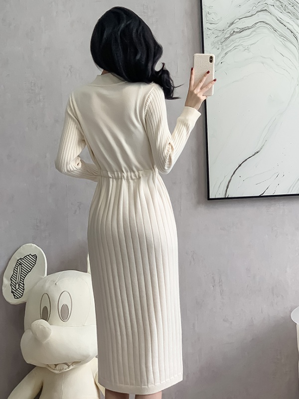 Drawstring slim dress half high collar sweater dress