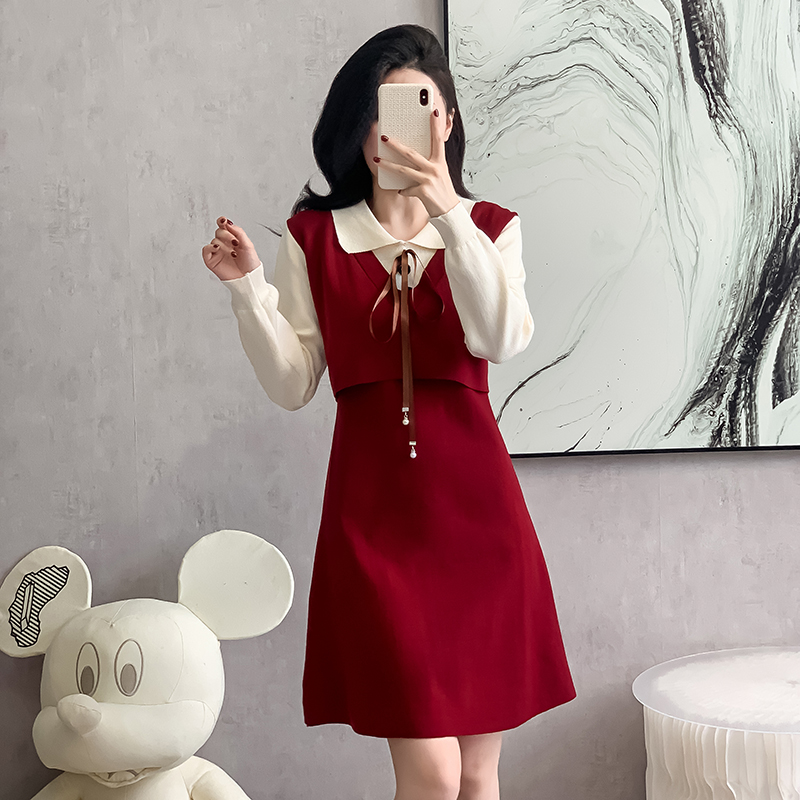 Pseudo-two mixed colors long dress red retro dress