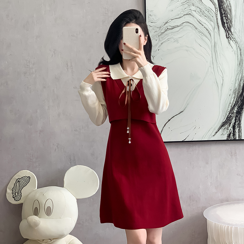 Pseudo-two mixed colors long dress red retro dress