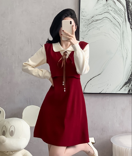 Pseudo-two mixed colors long dress red retro dress