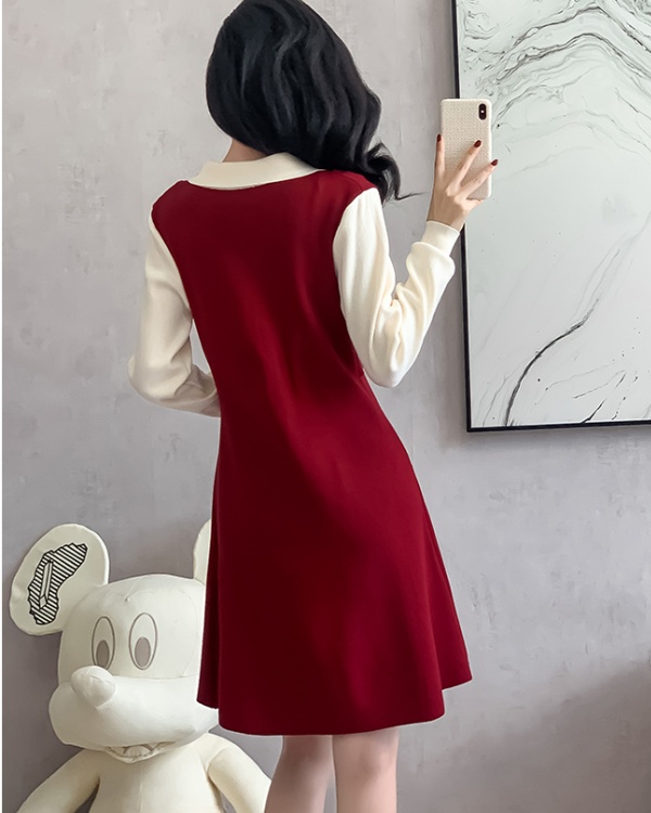 Pseudo-two mixed colors long dress red retro dress