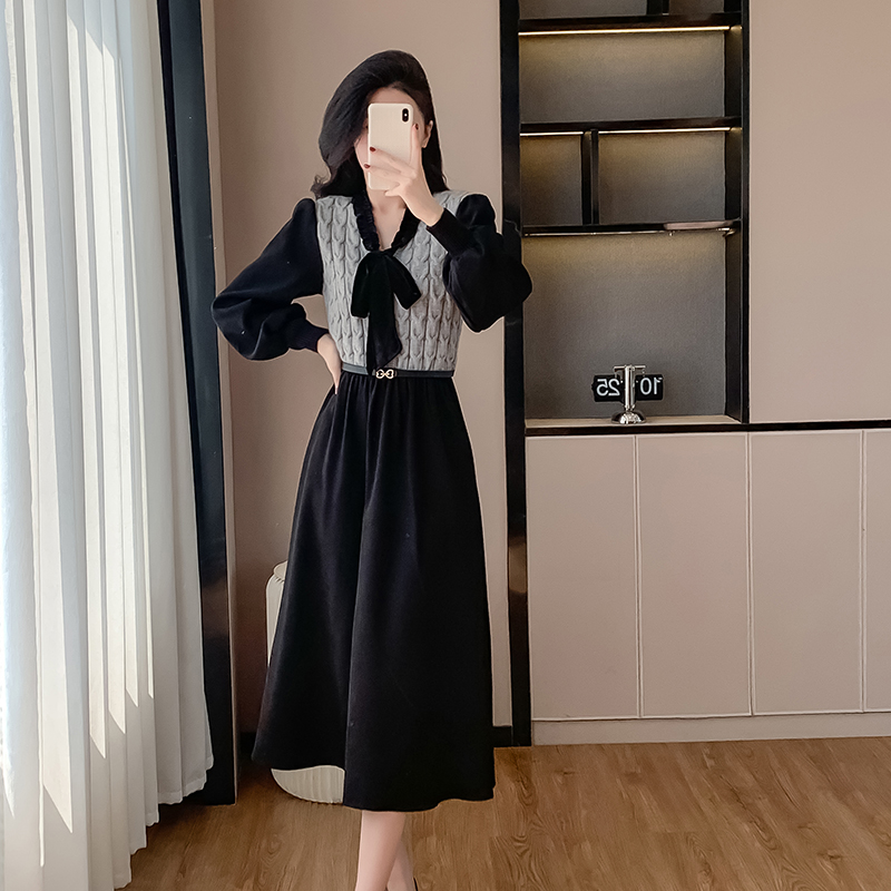 Pinched waist temperament Pseudo-two slim dress