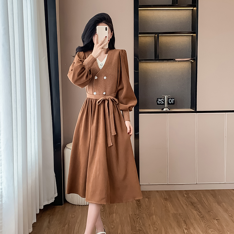 France style tender knitwear belt retro Pseudo-two dress