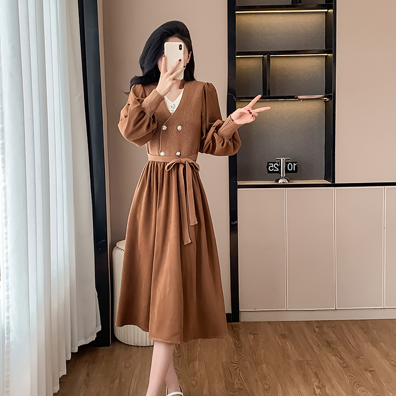 France style tender knitwear belt retro Pseudo-two dress