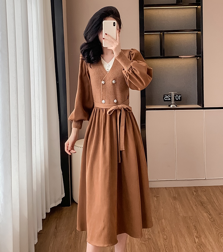 France style tender knitwear belt retro Pseudo-two dress