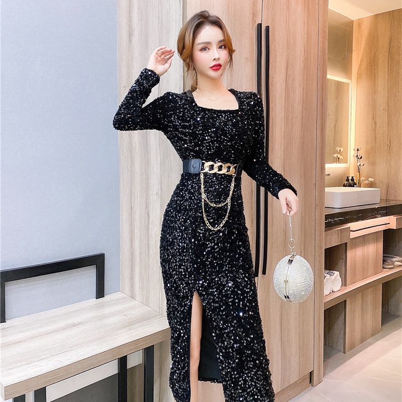 Autumn and winter tight belt sequins dress