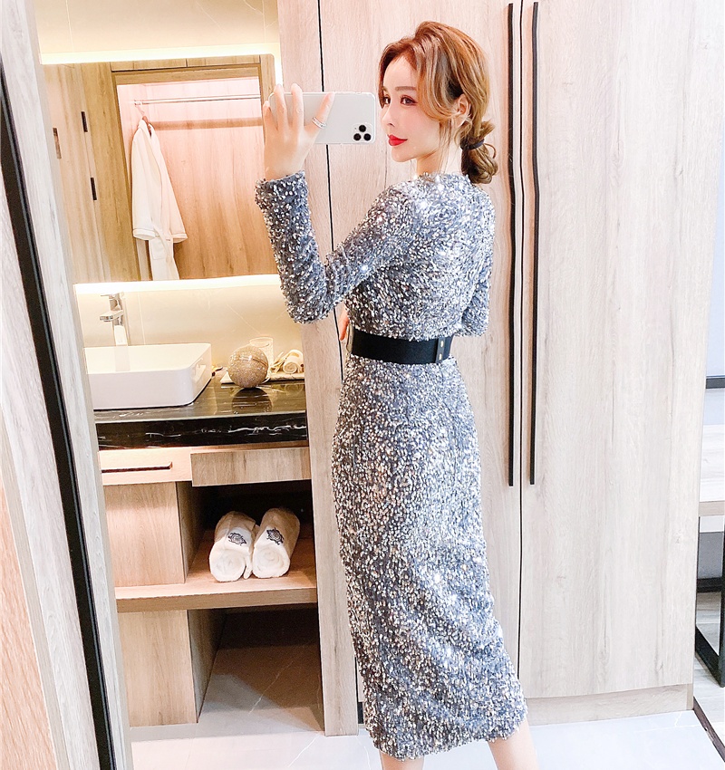 Autumn and winter tight belt sequins dress