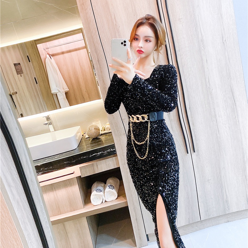 Autumn and winter tight belt sequins dress