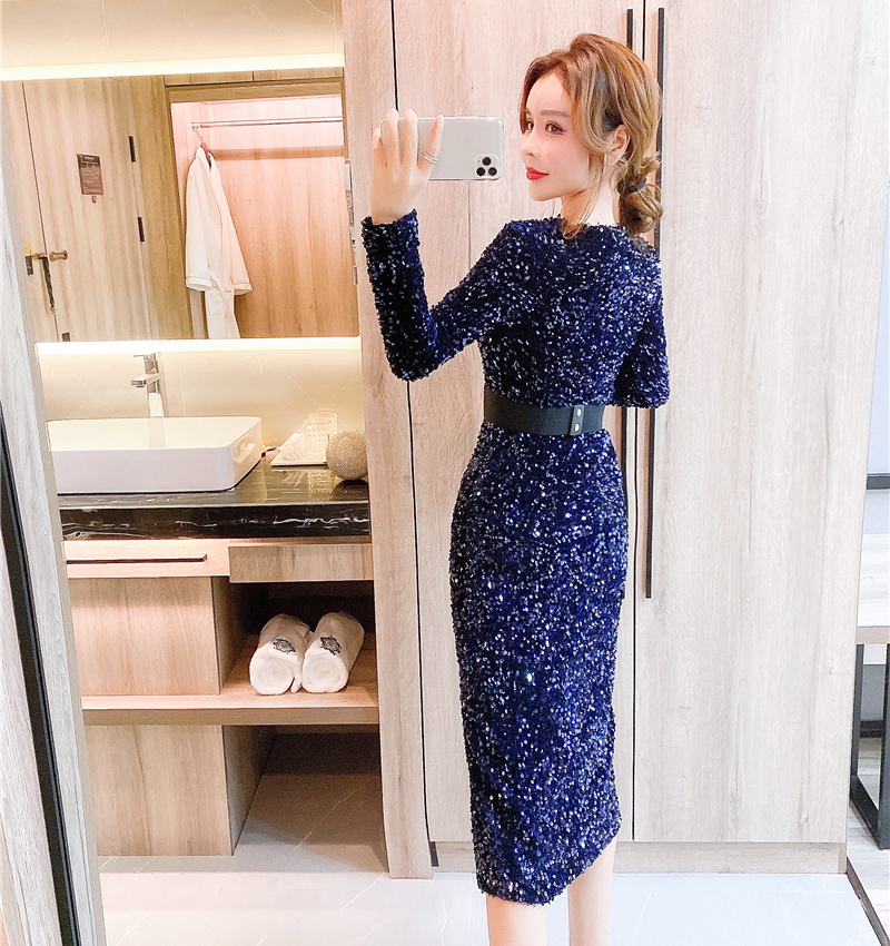 Autumn and winter tight belt sequins dress