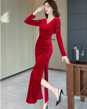 Package hip rhinestone long dress golden velvet dress