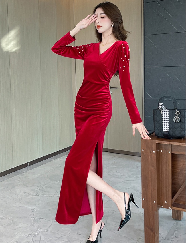 Package hip rhinestone long dress golden velvet dress