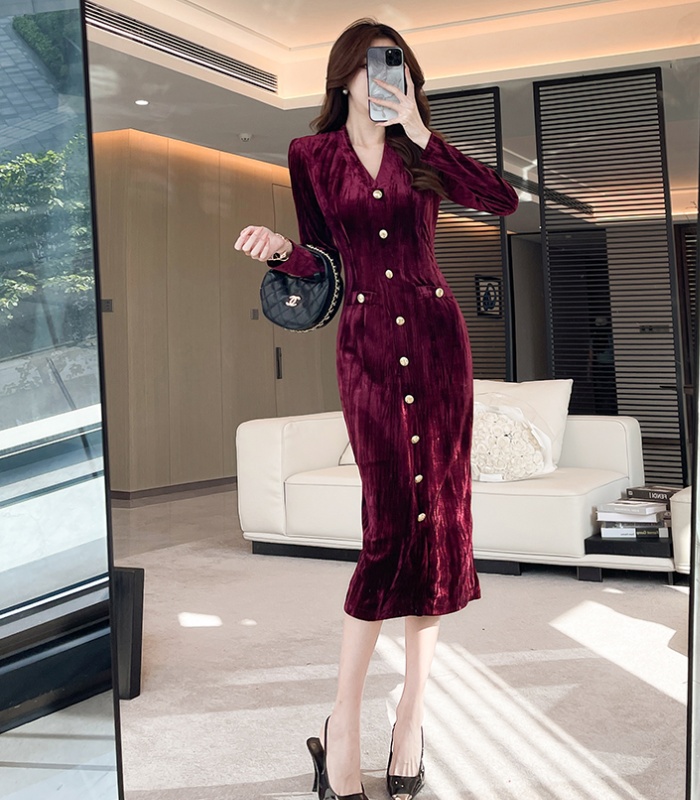 Pinched waist package hip long dress slim dress