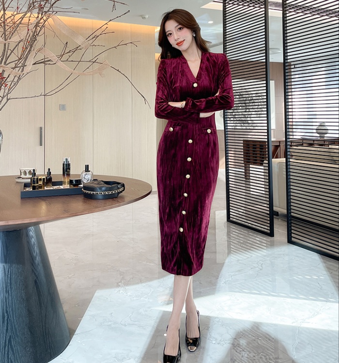 Pinched waist package hip long dress slim dress