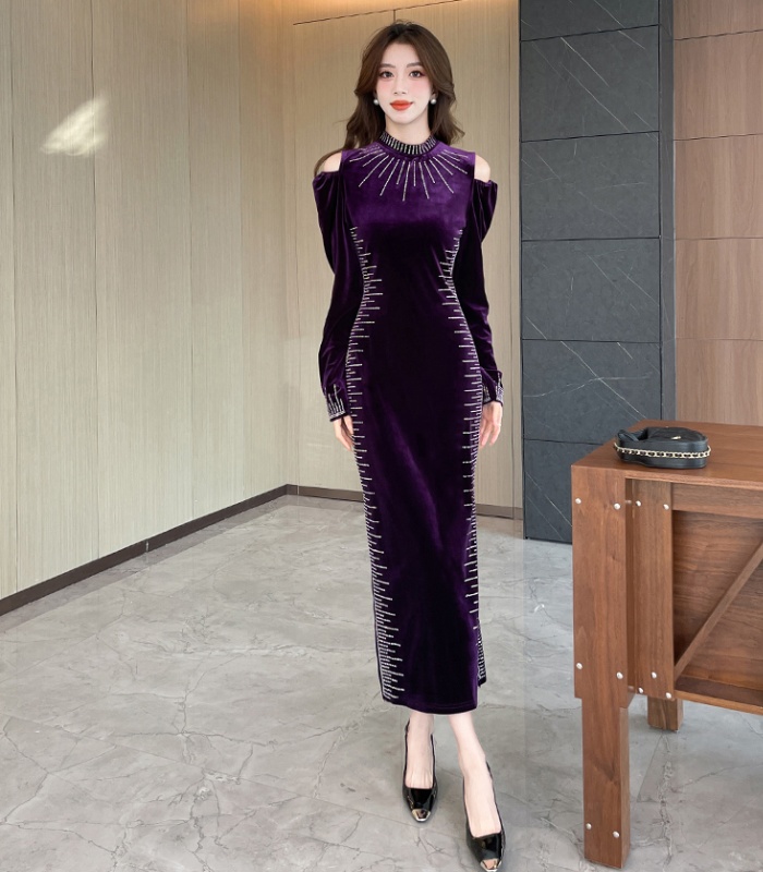 Tight golden velvet long dress rhinestone package hip dress