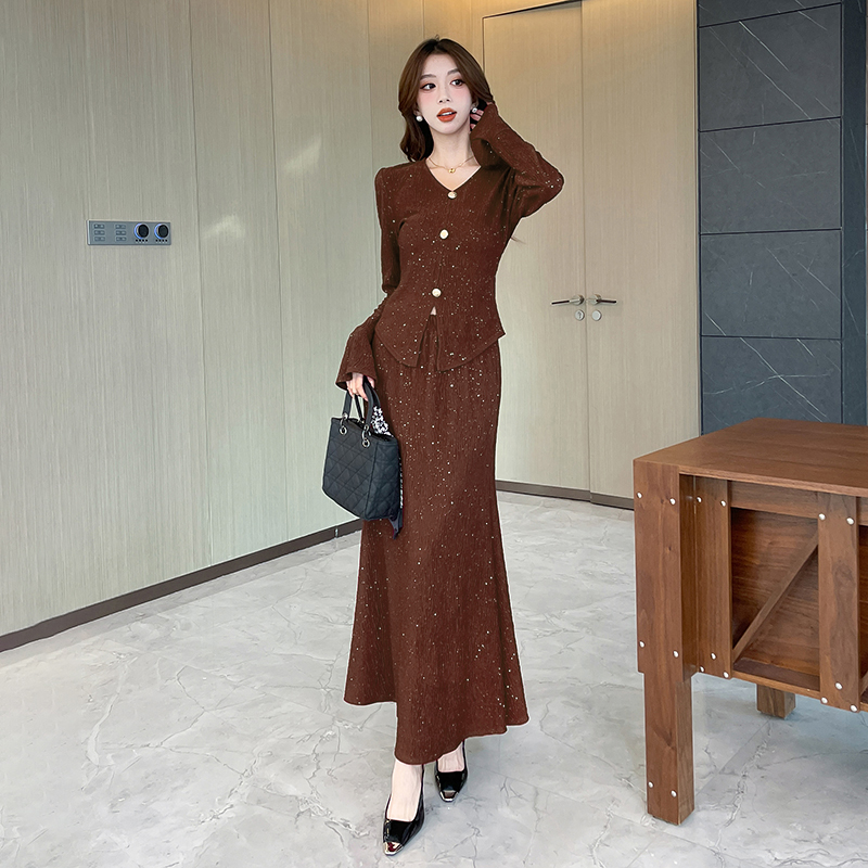 Pinched waist tops fashion long skirt 2pcs set