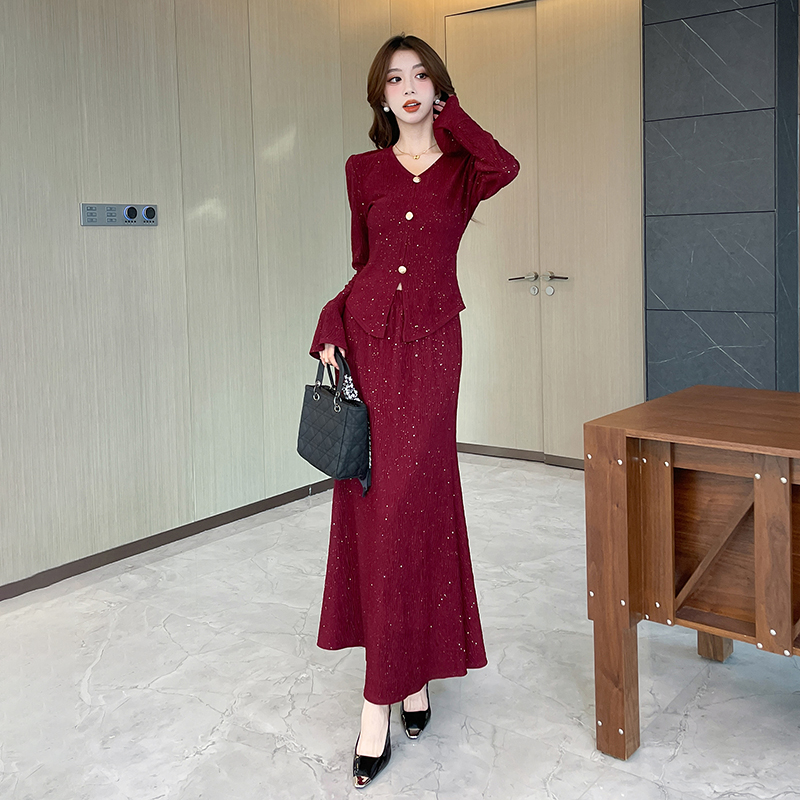 Pinched waist tops fashion long skirt 2pcs set