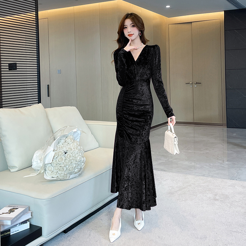 V-neck fashion long dress temperament dress