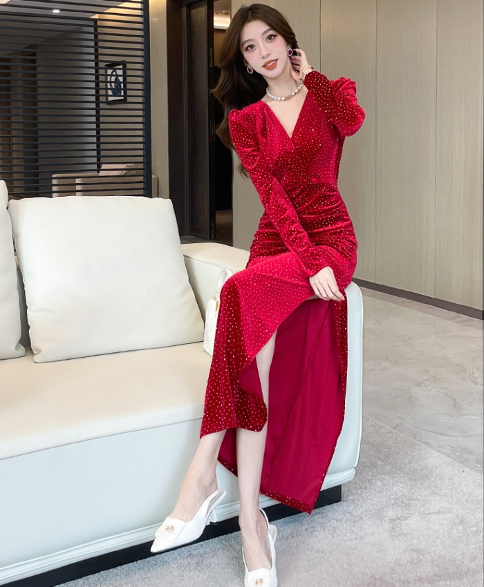 V-neck autumn dress liangsi package hip long dress