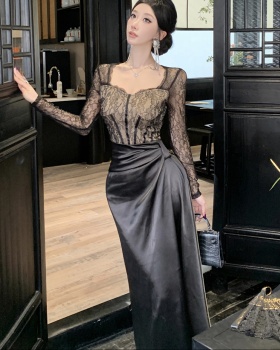 Black large yard long dress package hip lace dress for women